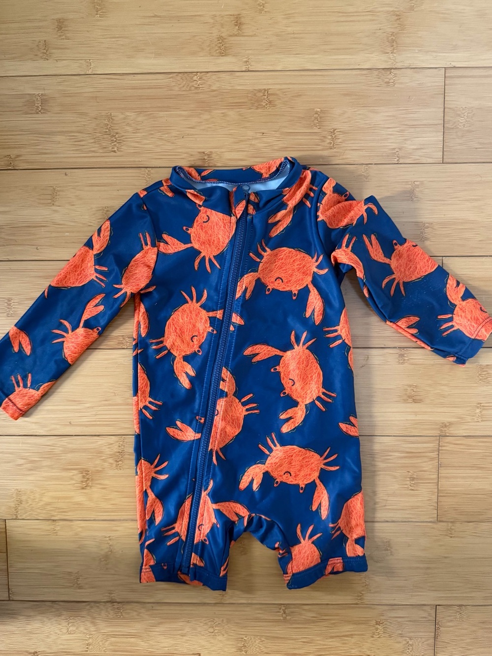 Blue One-Piece Swimsuit with Orange Crab Print